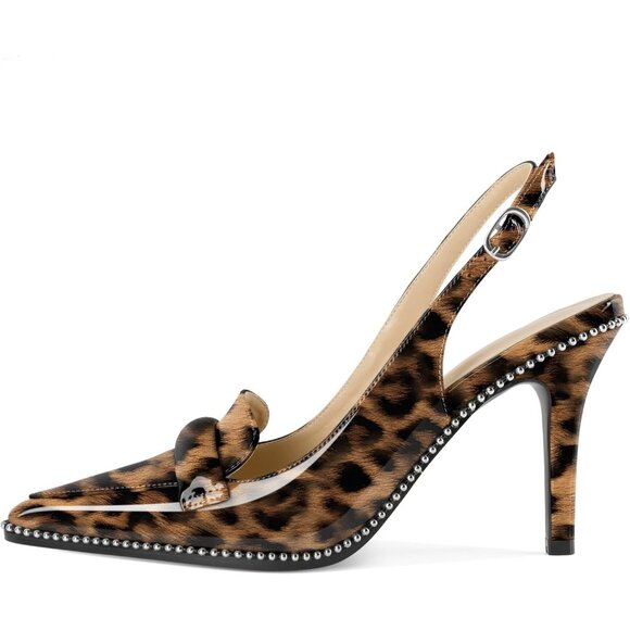 Women Leopard Stiletto Beaded Shoes Pointed Toe Slip On Loafers Slingback Heel - Picture 5 of 6